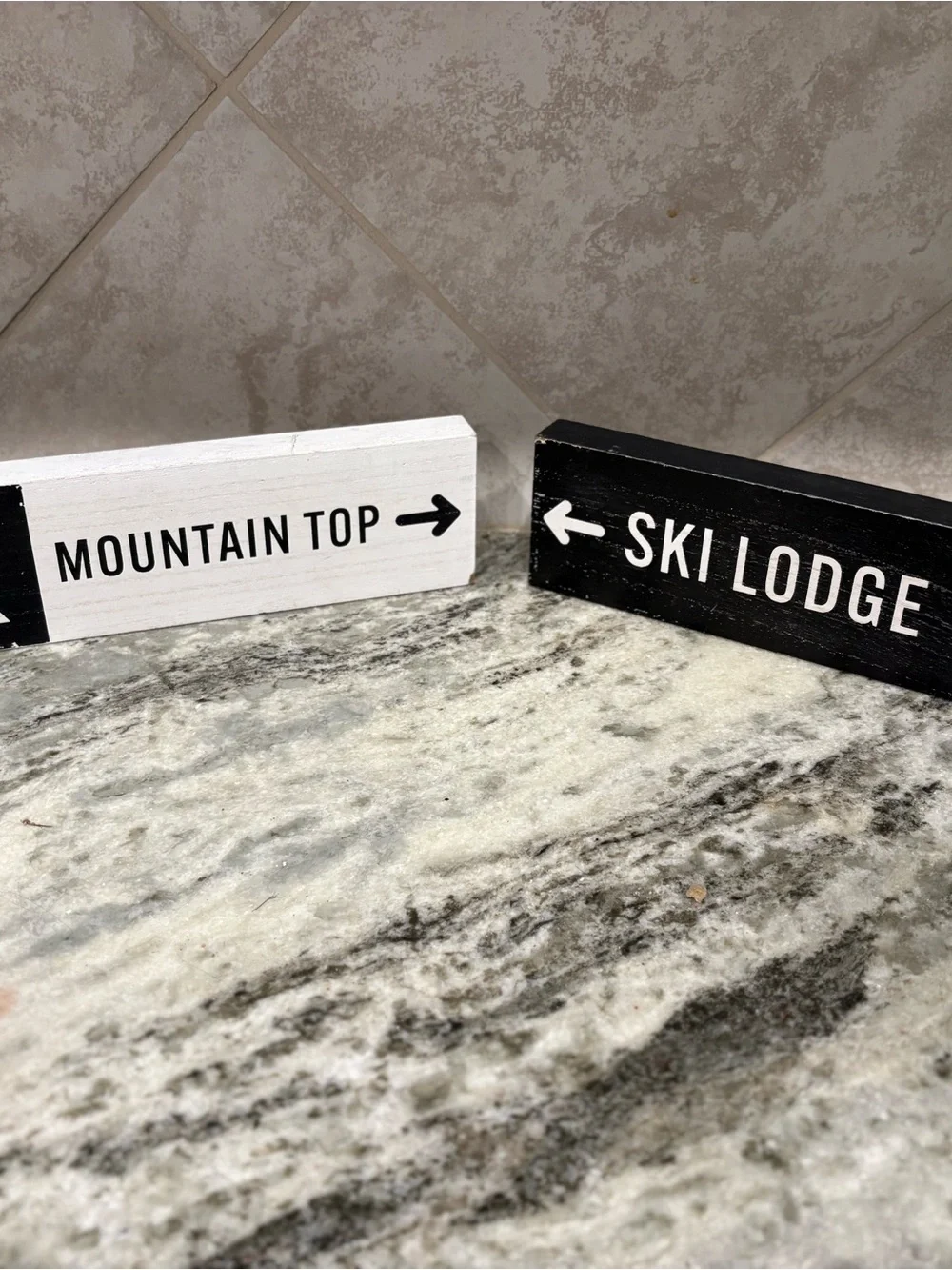 Rustic 'Mountain Top' and 'Ski Lodge' Directional Block Signs - Black & White
